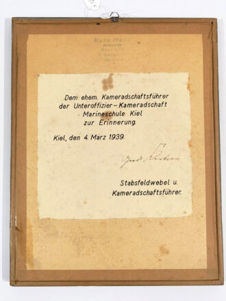 Unteroffizier Kameradschaft Marineschule Kiel 1939, Gerahmte Zeichnung "Laboe Marine Ehrenmal" als Erinnerungsgegenstand an einen Kameradschaftsführer. Original gerahmt, Maße 25 x 32cm