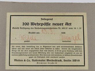 Beilage zu einer Lieferung über " 200 Wehrpässe neuer Art" von 1938. Maße 21 x 30cm