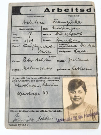 "Arbeitsdienstzeugnis" einer Frau aus Düsseldorf von 1934, Deckblatt lose