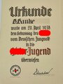 Hitler Jugend Urkunde " wurde vom Deutschen Jungvolk in die Hitler Jugend überwiesen" ausgestellt 20.4.1938 vom Jungbann 412