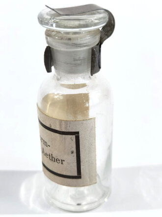 Glasflasche " Chloroform Ammoniak - Aether" für Sanitätszwecke, Gesamthöhe 8cm