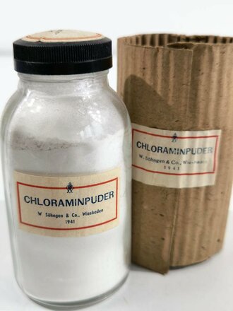 Glas  " Chloraminpuder " in Umverpackung datiert 1941, gehört so in die Luftschutz Hausapotheke