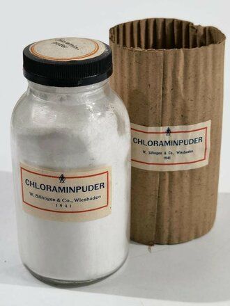 Glas  " Chloraminpuder " in Umverpackung datiert 1941, gehört so in die Luftschutz Hausapotheke