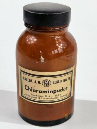 Glas  " Chloraminpuder ",   gehört so in die Luftschutz Hausapotheke