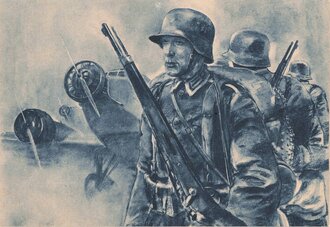 Ansichtskarte Luftwaffe "Soeben ist deutsche Infanterie auf einem Flugplatz in Norwegen gelandet" - Der Adler die große Luftwaffen-Illustrierte