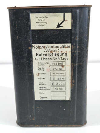 "Notproviantbehälter Winter, Notverpflegung für 1 Mann für 4 Tage, Fl 63015, datiert 1942. Originallack, ungereinigt