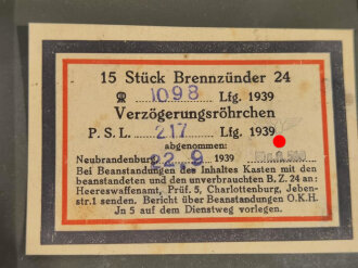 Transportbehälter für " 15 Stück Brennzünder 24" für die Stielhandgranate der Wehrmacht. Datiert 1939