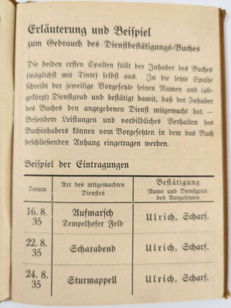 Dienstbestätigungsbuch für SA, SS und HJ, hier eines Angehörigen des NSKK Motorsturm 21 aus Neunkirchen.