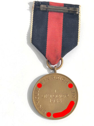 Anschlussmedaille Sudetenland ( 1. Oktober 1938 ) mit Band und Trägernadel, sehr guter Zustand