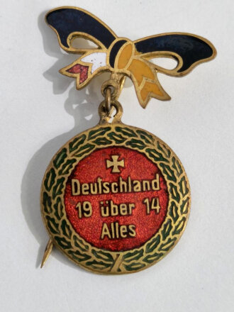 Emailliertes, patriotisches Abzeichen " Deutschland 1914 über alles "  Gesamthöhe 35mm