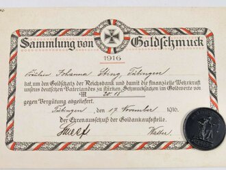 1.Weltkrieg, Spendenmedaille " In Eiserner Zeit 1916 " dazu die  passende Urkunde