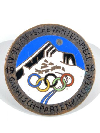 Tragbares, emailliertes Abzeichen " Olympische Winter Spiele 1936, Olympiade Garmisch Partenkirchen " Durchmesser 35mm