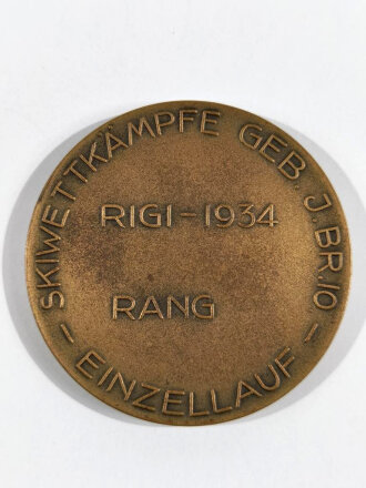 Schweiz, Gebirgsjäger Brigade 10 , nicht Tragbare Medaille " Skiwettkämpfe Geb.J.Br.10- Einzellauf, Rigi- 1934 Rang " im Etui, dieses leicht verzogen und beschädigt, Durchmesser 50mm