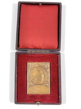 Nicht Tragbare Plakette im Etui " Militärbrust- Schwimmen 100m , Internat. Jubiläumsschwimmfest Mainz, I.MSV.v.1901, 20 August 1911, VII Preis " Größe 51mm x 38mm