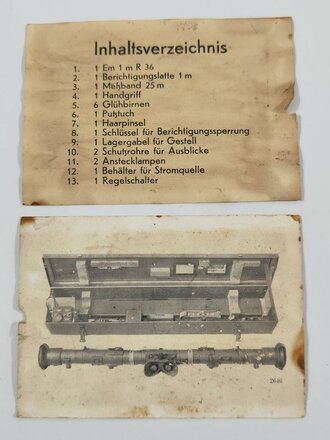 Inhaltsverzeichnis für den Transportkasten zum  Entfernungsmesser 36 der Wehrmacht