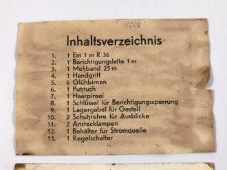Inhaltsverzeichnis für den Transportkasten zum  Entfernungsmesser 36 der Wehrmacht