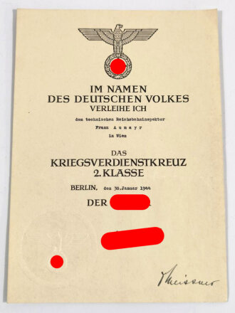 Verleihungsurkunde zum Kriegsverdienstkreuz 2.Klasse . DIN A4, Blindprägesiegel, gefaltet, ausgestellt auf einen Reichsbahninspektor aus Wien