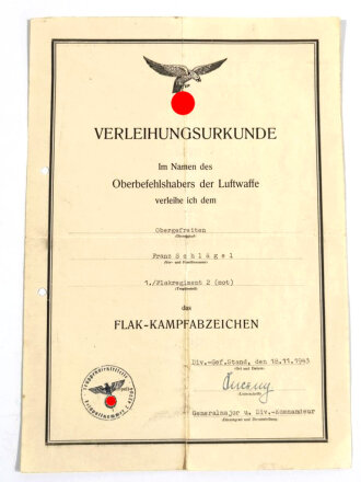 Verleihungsurkunde zum Flak Kampfabzeichen der Luftwaffe,...