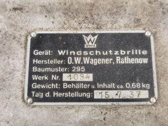 Luftwaffe Transportkasten für Windschutzbrille Baumuster 295 von Wagener Rathenow, Hergestellt 1937. Ungereinigtes Stück