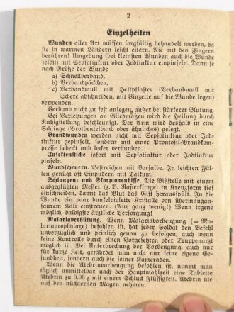 "Merkblatt für Erste Hilfe in Flugzeugen und Lw.Einheiten ohne Arzt in warmen Ländern", Ausgabe Juni 1942 mit 4 Seiten