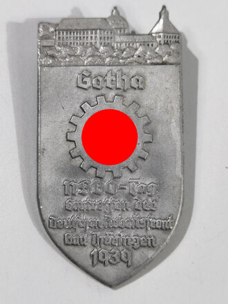 Abzeichen " Gotha, NSBO- Tag, Gautreffen der Deutschen Arbeitsfront Gau Thüringen 1939 " Rückseite RZM M9/32