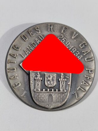 Blechabzeichen " 1. Gautag des R.E.V. Gau Pfalz, Landau 25.9.1934 " Durchmesser 36mm