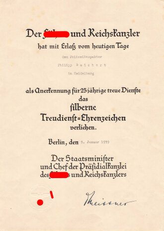 Verleihungsurkunde eines Polizeiinspekto raus Heidelberg zum silbernen Treudienst- Ehrenzeichen für 25 Jahre