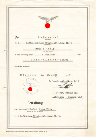 Urkundengruppe eines Feldwebels der Luftnachrichten Ers. Komp. 5/15 Augsburg, dazu Auskunft des Soldaten der WASt.