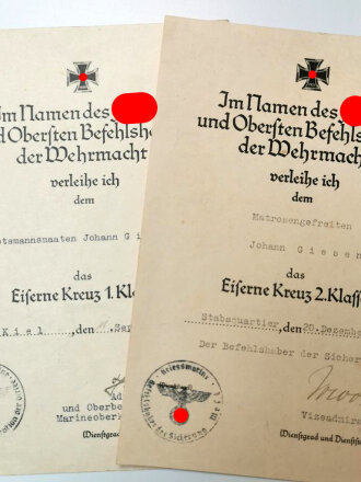 Urkundengruppe Eisernes Kreuz 1. und 2. Klasse 1939 eines Matrosengefreiten und späteren Bootsmannsmaaten