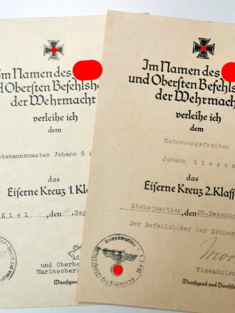 Urkundengruppe Eisernes Kreuz 1. und 2. Klasse 1939 eines...