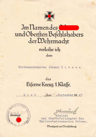 Urkundengruppe Eisernes Kreuz 1. und 2. Klasse 1939 eines...