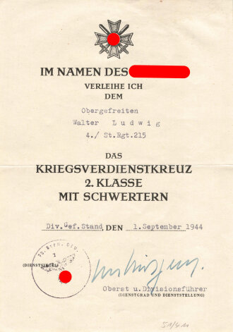 Verleihungsurkunde eines Obergefreiten zum Kriegsverdienstkreuz 2. Klasse mit Schwertern vom 1.September 1944