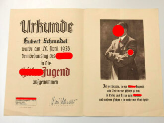 Aufnahmeurkunde Hitler Jugend eines Angehörigen Fähnlein 20/81 aus Frankfurt/ Eschersheim vom 20.April 1938