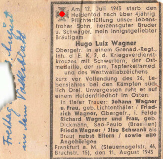 2 Urkunden, Urkunde zum Heldentod und Urkunde zum Ehrenzeichen der Deutschen Mutter aus einer Familie, dazu Danksagung als Zeitungsauschnitt