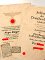 2 Urkunden, Urkunde zum Heldentod und Urkunde zum Ehrenzeichen der Deutschen Mutter aus einer Familie, dazu Danksagung als Zeitungsauschnitt