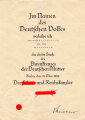 Ehrenkreuz der Deutschen Mutter dritte Stufe mit Verleihungstüte, diese mit Hersteller Louis Gottlieb & Söhne gestempelt, dazu  die zugehörige Verleihungsurkunde für eine Frau aus Lohrheim