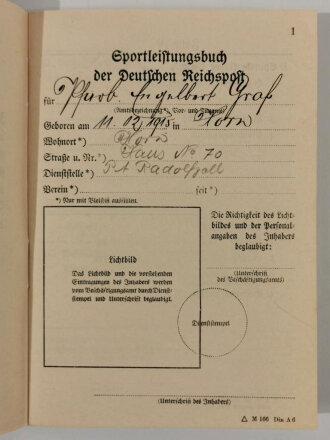 Sportleistungsbuch der Deutschen Reichspost datiert 1939,...