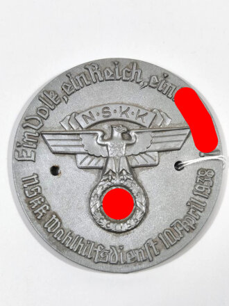 NSKK Tür- oder Autoplakette aus Kunststoff " NSKK Wahlhilfsdienst 10.April 1938" Durchmesser 68mm