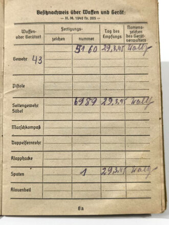 Soldbuch eines Angehörigen Gren.Ers.Btl. ( mot) 20 Regensburg. Eingetragenes Gewehr 43, Empfangen am 29.3.45