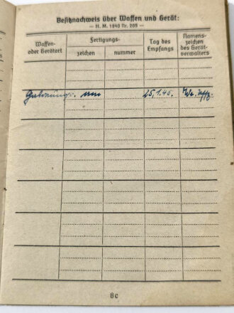 Soldbuch eines Angehörigen Gren.Ers.Btl. ( mot) 20 Regensburg. Eingetragenes Gewehr 43, Empfangen am 29.3.45