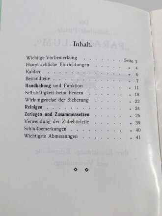 REPRODUKTION "Die Selbstlade Pistole Parabellum" ihre Einrichtung, Behandlung und Verwendung, Etwa 50 Seiten, DWM Berlin, NACHDRUCK, A6