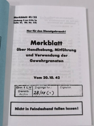 REPRODUKTION, Merkblatt über die Handhabung, Mitführung und Verwendung der Gewehrgranaten vom 20.10.1942, 57 Seiten plus Anlagen, A6