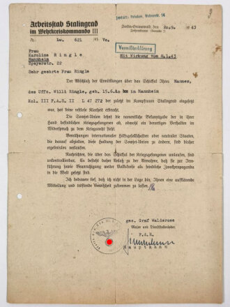 Arbeitsstab Stalingrad, Schreiben vom 20.9.1943 bezüglich Klärung eines vermissten aus Mannheim