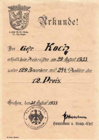 Hessische MG Kompanie 15. Infanterie Regiment. DIN A5 Urkunde anlässlich des Preisrichten 1933