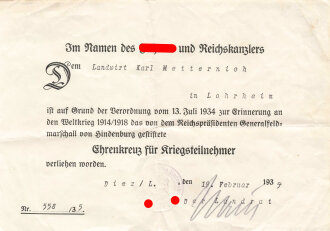 Ehrenkreuz für Kriegsteilnehmer an Einzelspange mit...