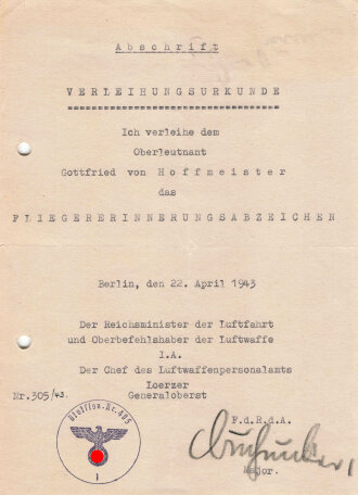 Luftwaffe, Urkunden und Dokumenten Nachlass eines...