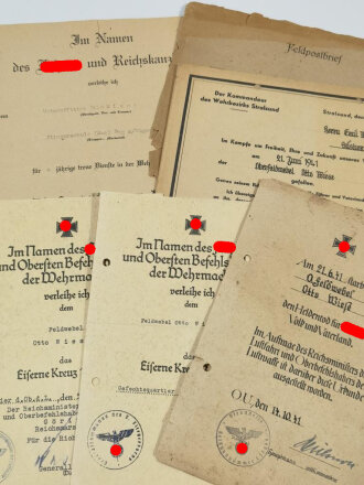 Luftwaffe, Urkundengruppe eines Feldwebel in der Luftwaffe, Dienstauszeichnung 4. Klasse, Eisernes Kreuz 1. und 2. Klasse 1939, Dokument über den " Heldentod " , Bestätigungsschreiben über den Tod des Oberfeldwebel