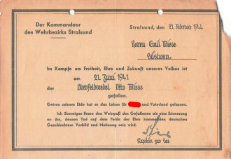 Luftwaffe, Urkundengruppe eines Feldwebel in der Luftwaffe, Dienstauszeichnung 4. Klasse, Eisernes Kreuz 1. und 2. Klasse 1939, Dokument über den " Heldentod " , Bestätigungsschreiben über den Tod des Oberfeldwebel