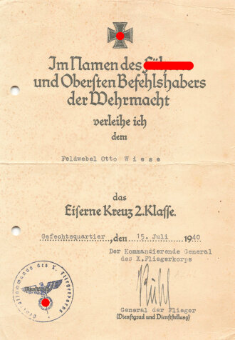 Luftwaffe, Urkundengruppe eines Feldwebel in der Luftwaffe, Dienstauszeichnung 4. Klasse, Eisernes Kreuz 1. und 2. Klasse 1939, Dokument über den " Heldentod " , Bestätigungsschreiben über den Tod des Oberfeldwebel