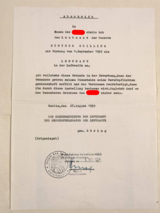 Luftwaffe, Urkundengruppe eines Leutnant der Reserve, große Anstellungsurkunde als Leutnant der Luftwaffe, gedruckte Unterschrift von Hermann Göring, dazu das Urkundenheft zum Reichssportabzeichen in Bronze